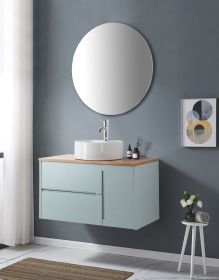 36-Inch Double Drawer + Single Door Wall-Mounted Bathroom Vanity .Blue Cabinet + Solid Wood Natural Top,Round Art Ceramic Sink + Blue Round Mirro