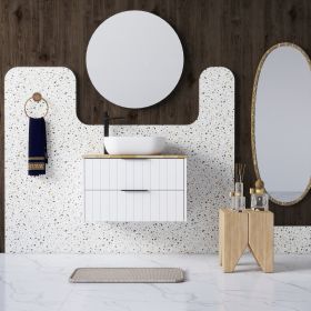 32-Inch Double Drawer Wall-Mounted Bathroom Vanity,White Cabinet + Solid Wood Natural Top,Square Art Ceramic Sink + White Round Mirror