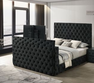 1pc Luxurious King Size Bed Deeply Tufted Headboard Nail Head Trim Upholstered Black Velvet Footboard Integrated Television Lift Mechanism Storag