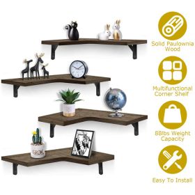Rustic Corner Floating Shelves 4 Pack - Paulownia Wood Wall Shelves with Triangular Metal Brackets