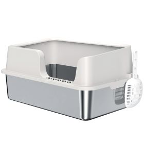 Stainless Steel Litter Box With High Side, Scoop, Easy Cleaning & Anti-Urine Leakage, For Big Cats, Light Gray (Option: Gray)