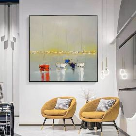 Ocean Wall Art Canvas Oil Painting Sunrise Bathroom Handmade Boat Landscape Posters Picture for Bedroom Beach House Decor (size: 150x150cm)