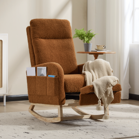 Modern Accent Rocking Chair Rocking Chair with Solid Wood Legs, Upholstered Nursery Glider Rocker, Comfy Armchair with Side Pocket (Color: Brown)